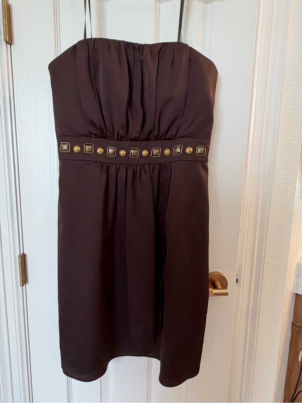 Max & Cleo Strapless Brown Dress with Gold Accent Trim